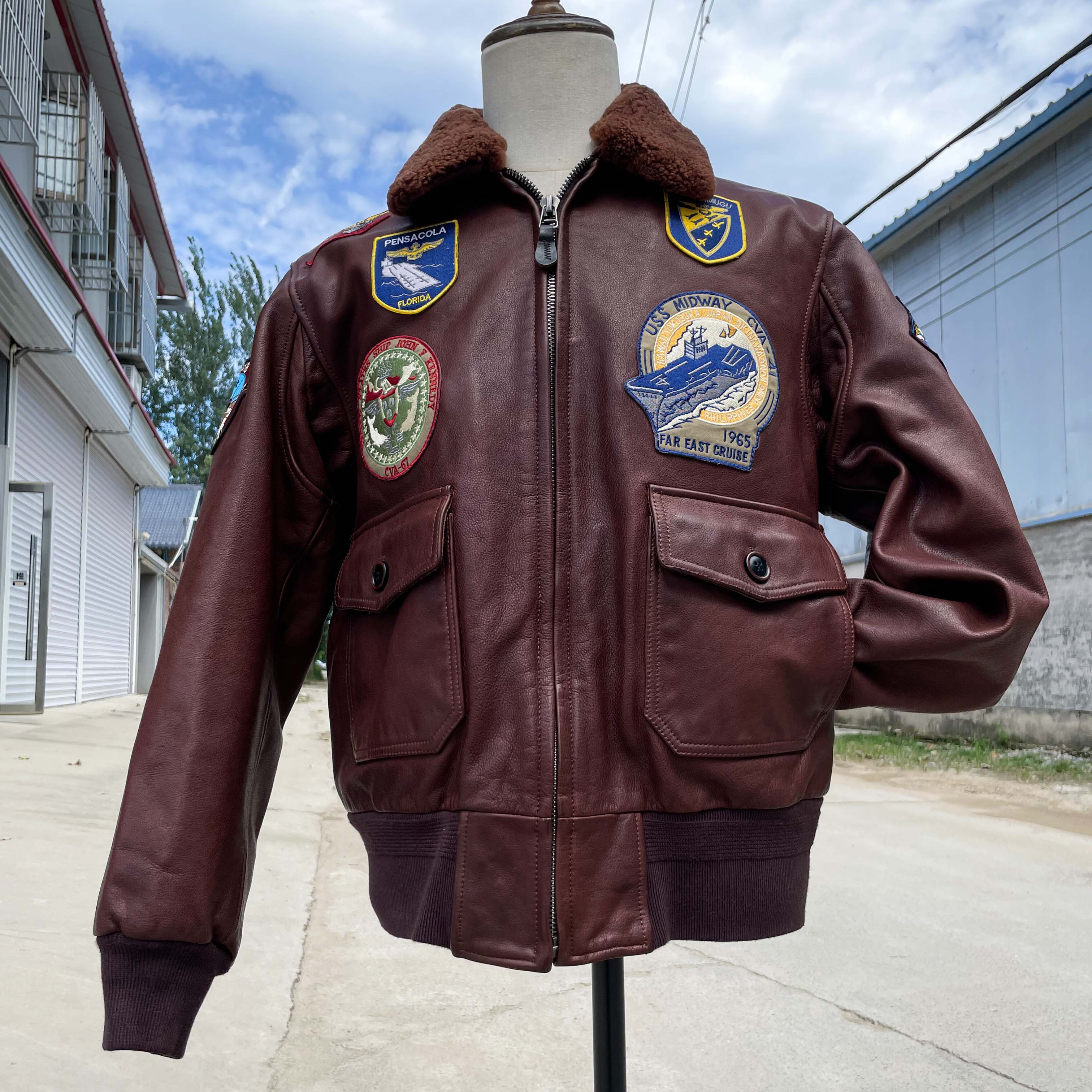 G1真皮飞行员夹克男多标油蜡植糅黄牛皮皮衣