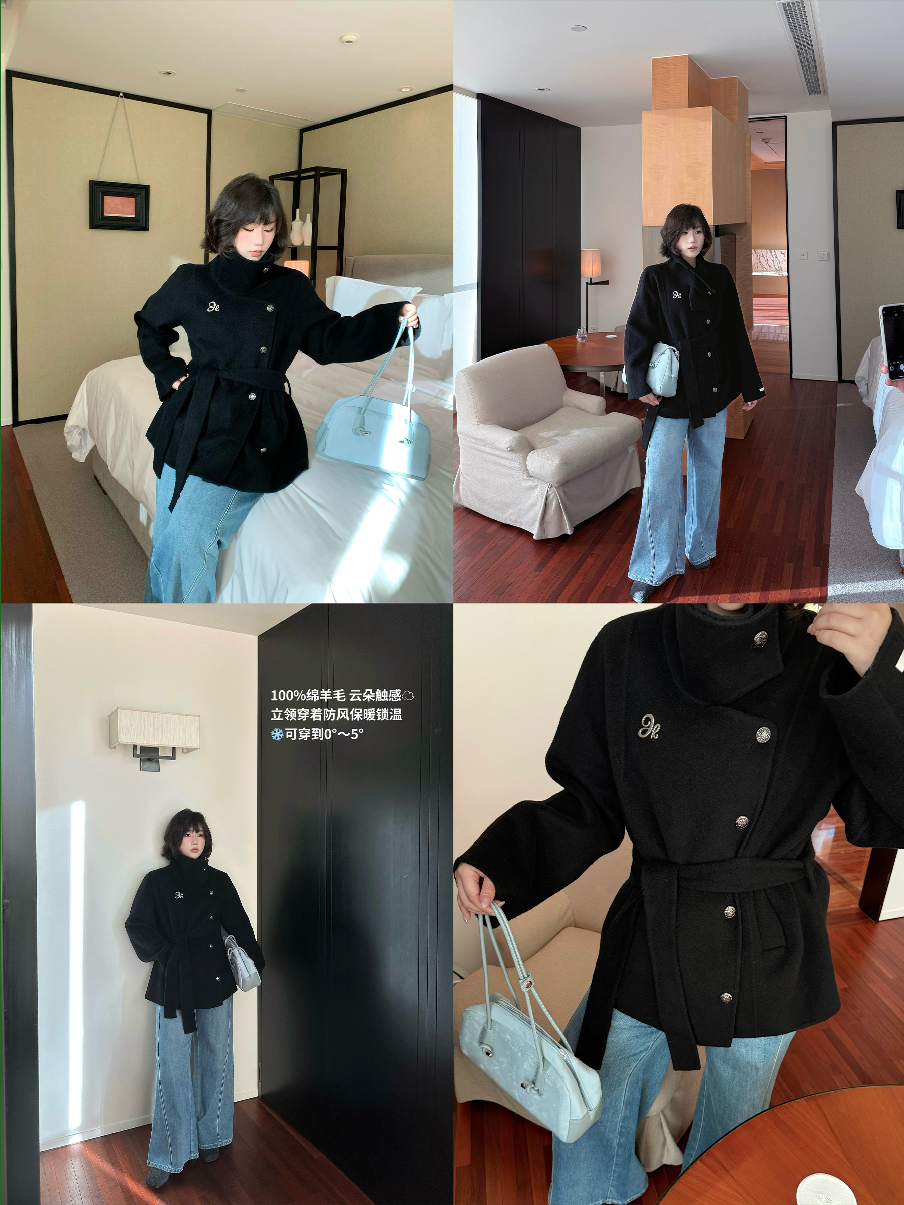 月半鱼【与时】100%绵羊毛双面呢秋冬款外套黑色高级感保暖廓形大衣