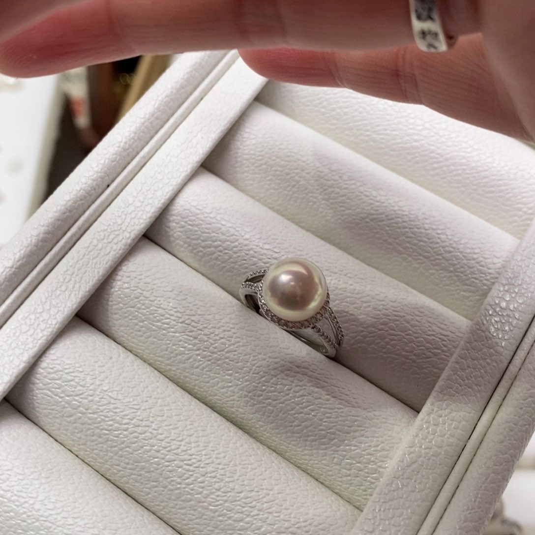 淡水珍珠戒指银S925镶嵌极光炫彩9-10面包圆