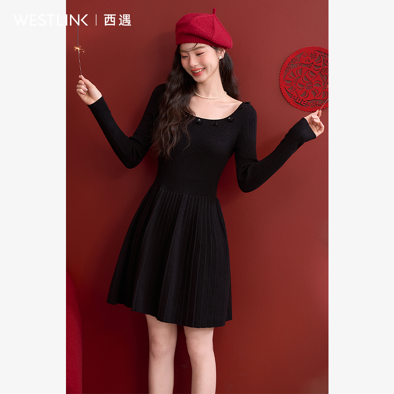 50030法式浪漫珠片花朵方领长袖连衣裙女2025春季高弹收腰连衣裙