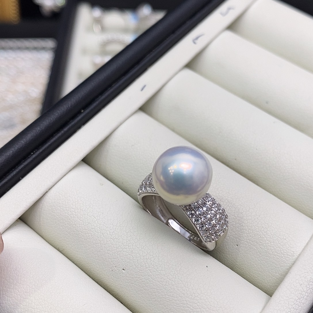 淡水珍珠戒指银S925镶嵌镶面澳白光11-12m m