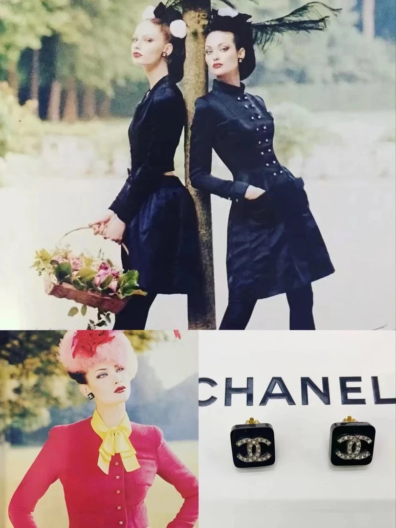 95新 Chanel/香奈儿 Chanel vintage香奈儿中古方块黑色钻钻耳夹
