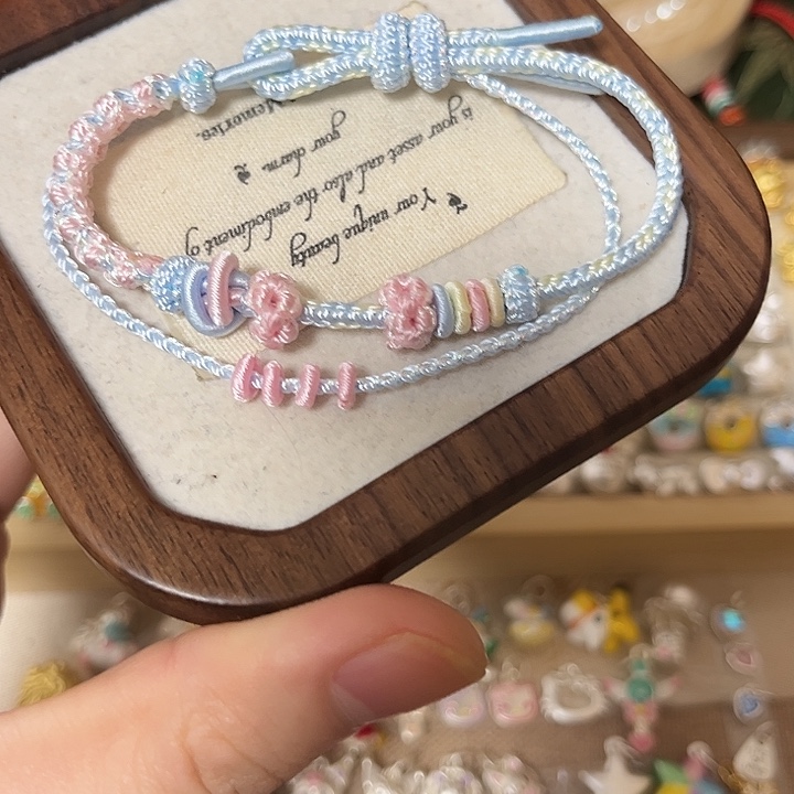 足银布艺精工双层蓝粉色系手绳