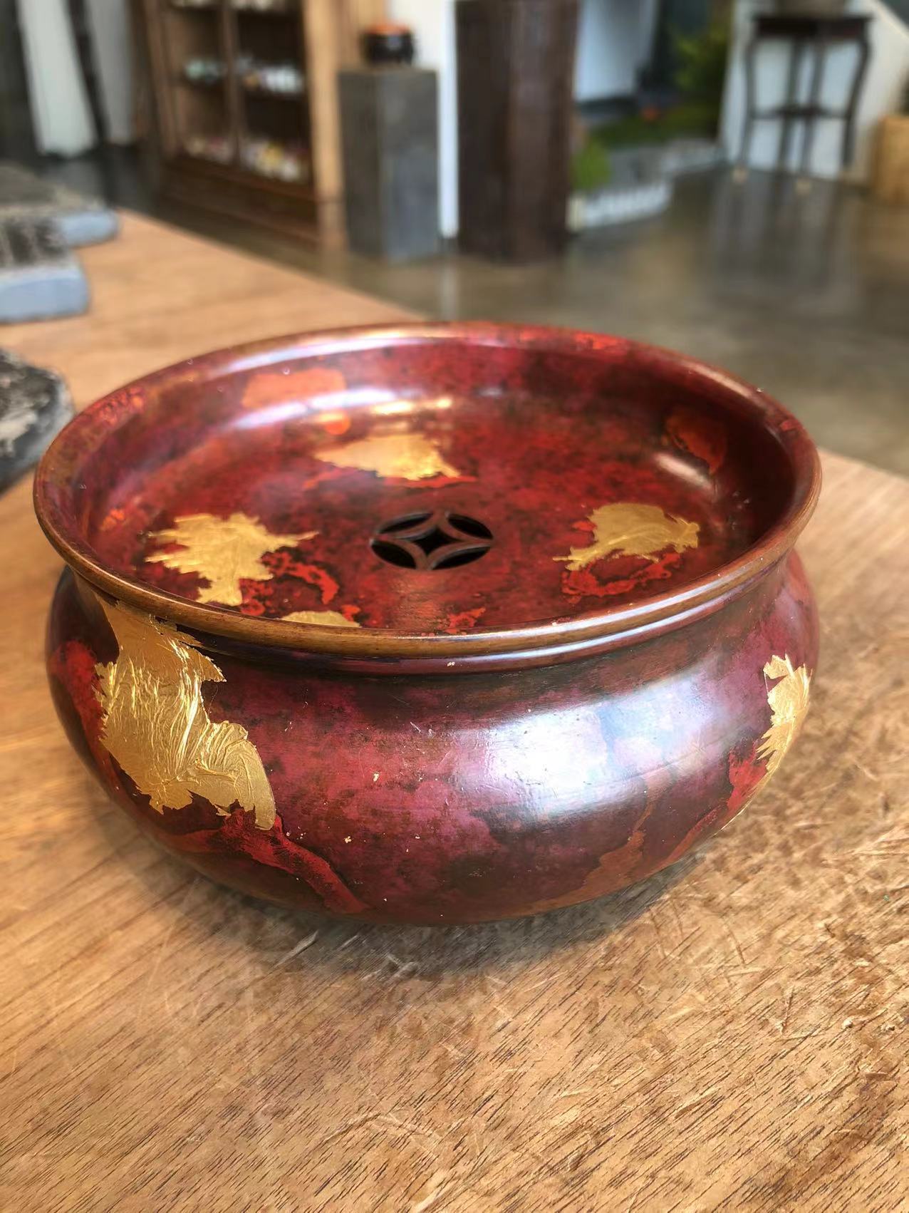 遇见.紫铜红色金箔建水壶承茶道配件直径12cm高度7cm
