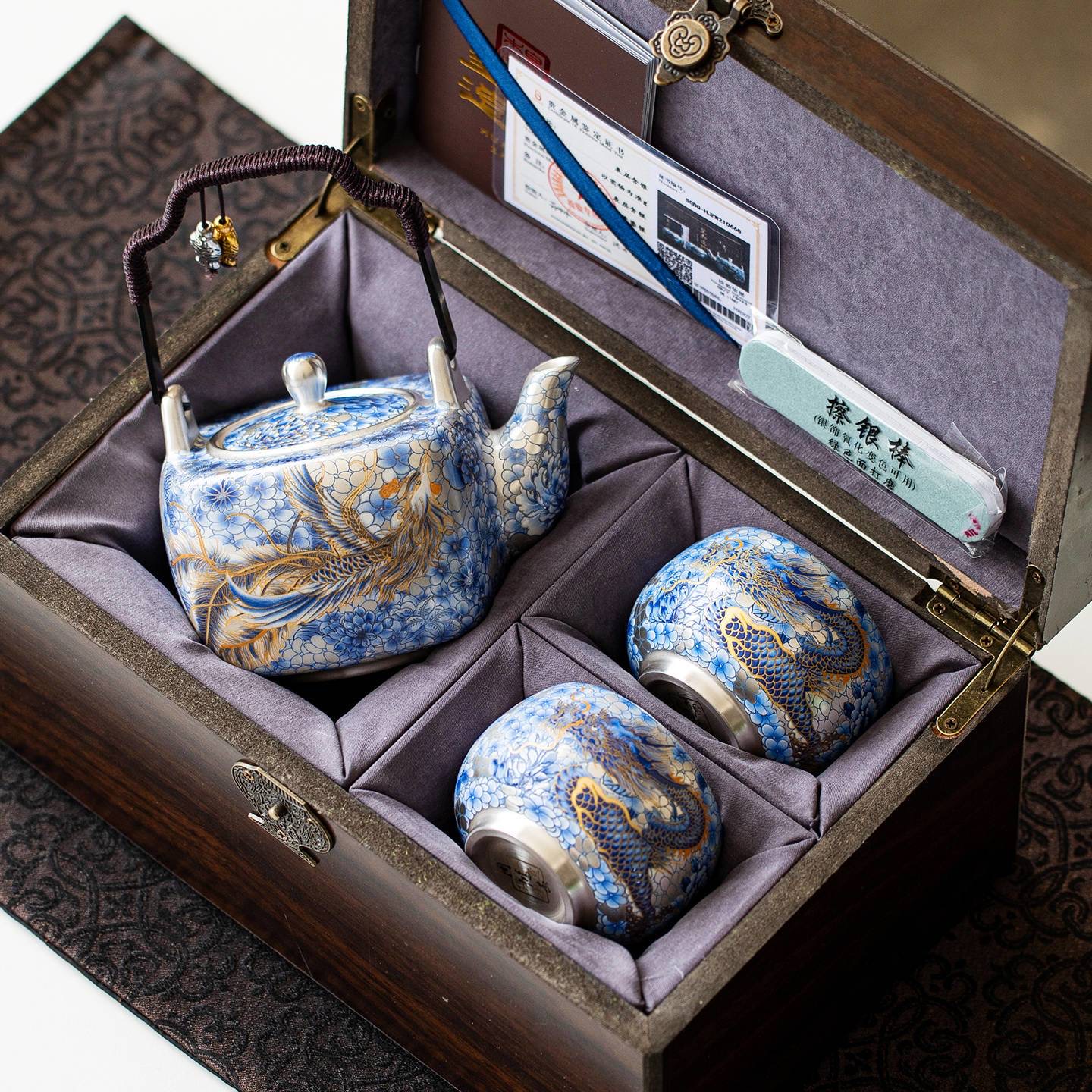 品牌周鸿杰《龙飞凤舞ag》999青花提梁壶/一壶两杯/带礼盒