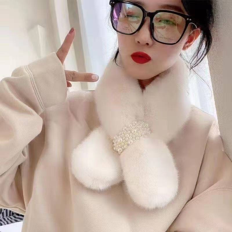 保暖女不起球成人法式珍珠围巾秋冬季冬款加厚毛绒纯色韩版网红