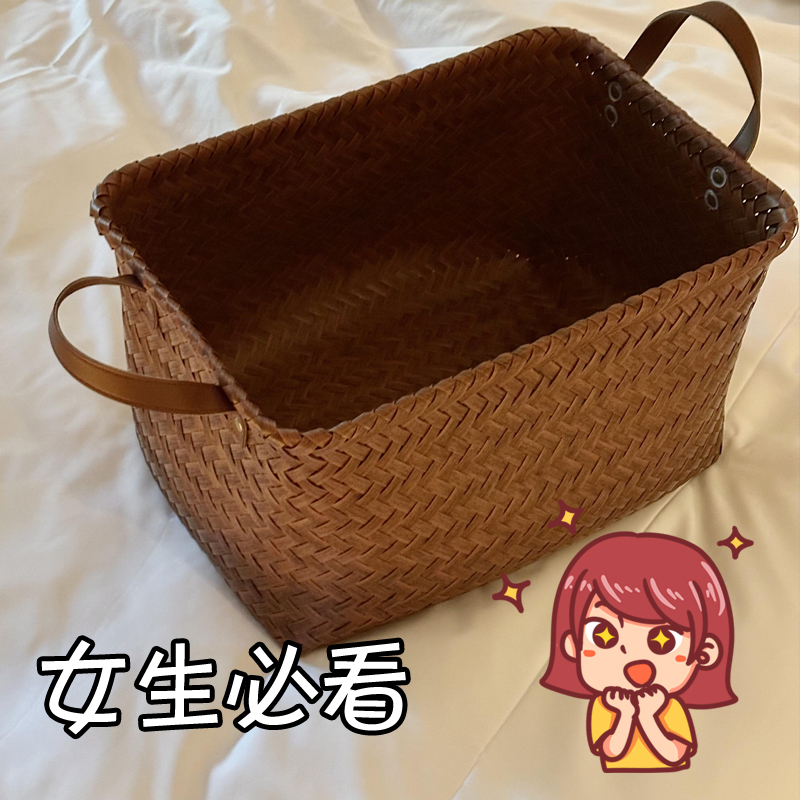 美式复古手工高级收纳筐脏衣篮仿藤编pu把手玩具洗衣桶车载收纳箱