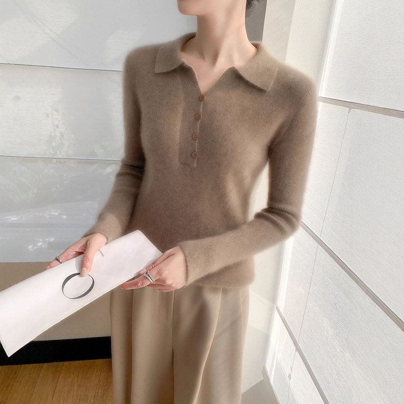 长袖领坑羊绒针织羊毛衫女OLO上衣纯宽松条纽扣P打底毛衣显瘦%10