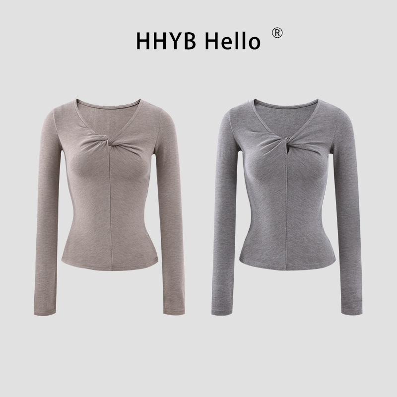 HHYB Hello褶皱修身型V领扭结磨毛长袖T恤上衣女251069