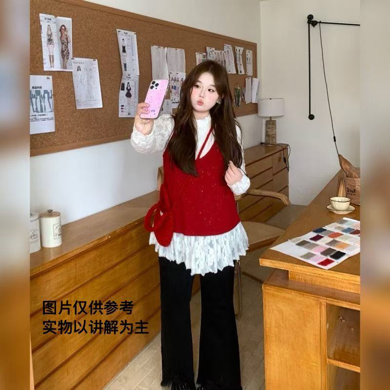 肉肉家 【浪漫天才]大码圣诞吊带背心女秋冬套装8060