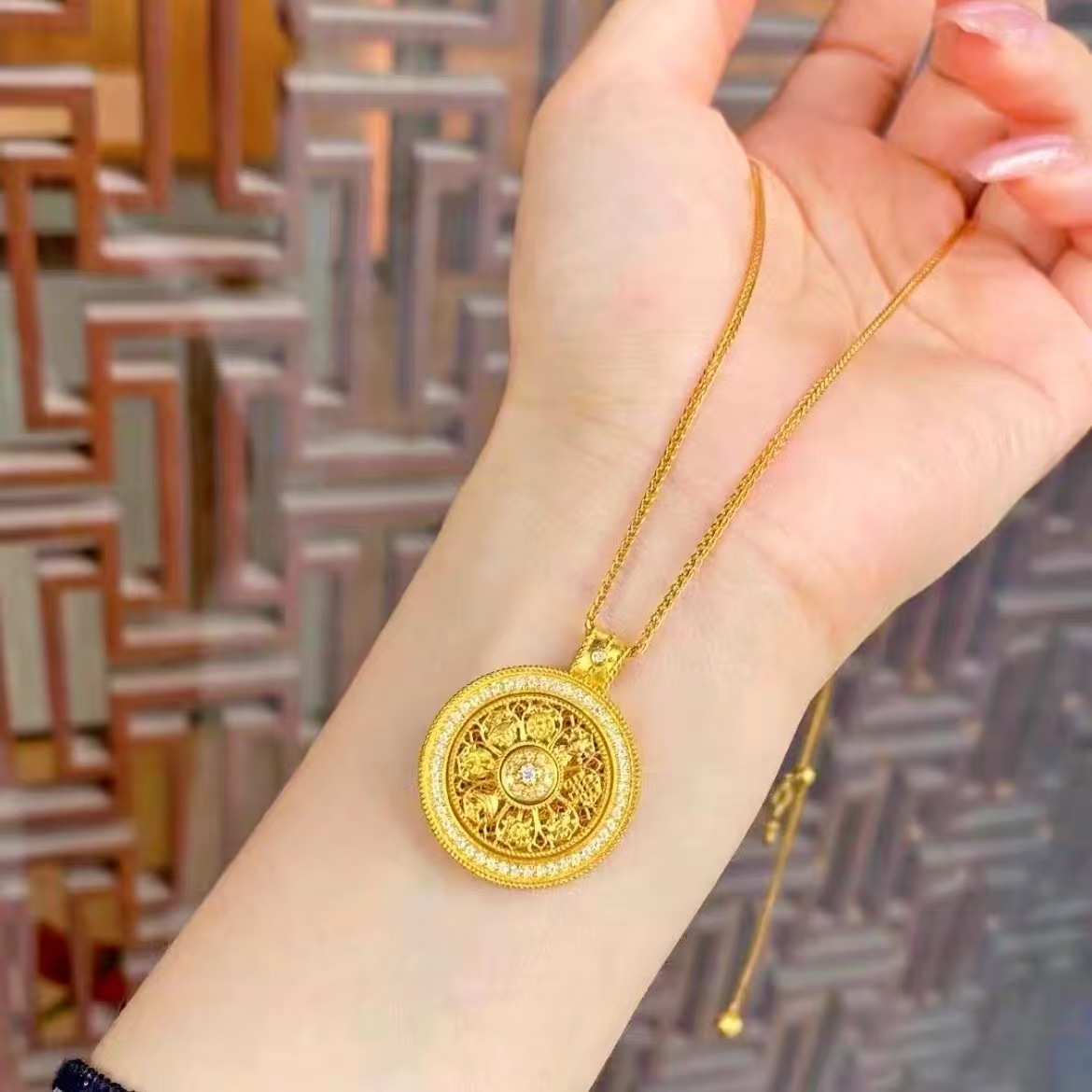 新中式古法吉祥可旋转时来运转八宝罗盘项链