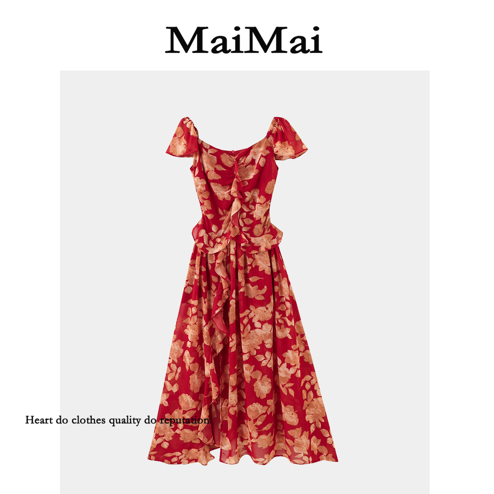 断码特价【枫叶枝芝】Mai Mai◆红色碎花短袖修身显瘦连衣裙夏季气质