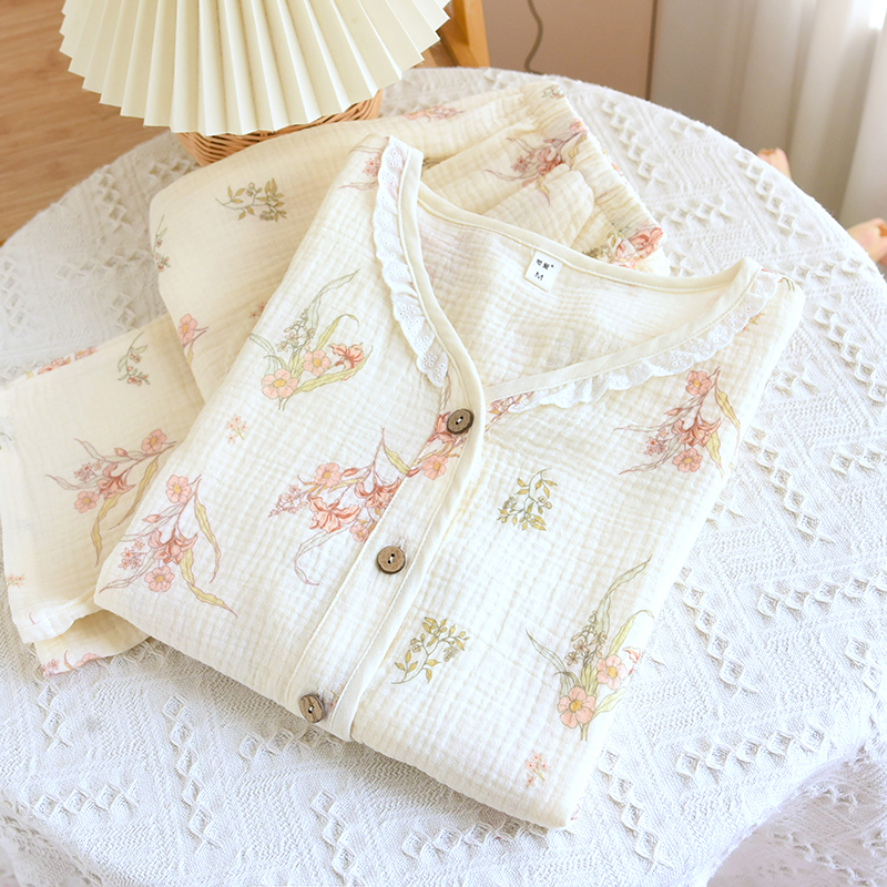 <新品体验>A类棉纱睡衣女纯棉春夏长袖2025新款V领花边全棉家居服