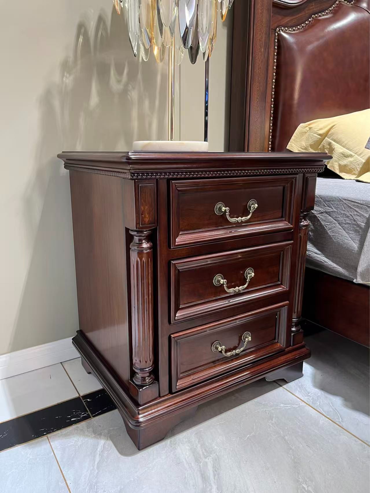 【简语家具】美式全原木床头柜三抽复古经典乡村古典家具实木床头柜