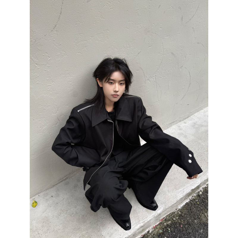 CLECUI高级感拉链设计cleanfit短款翻领夹克男女简约通勤拉链外套