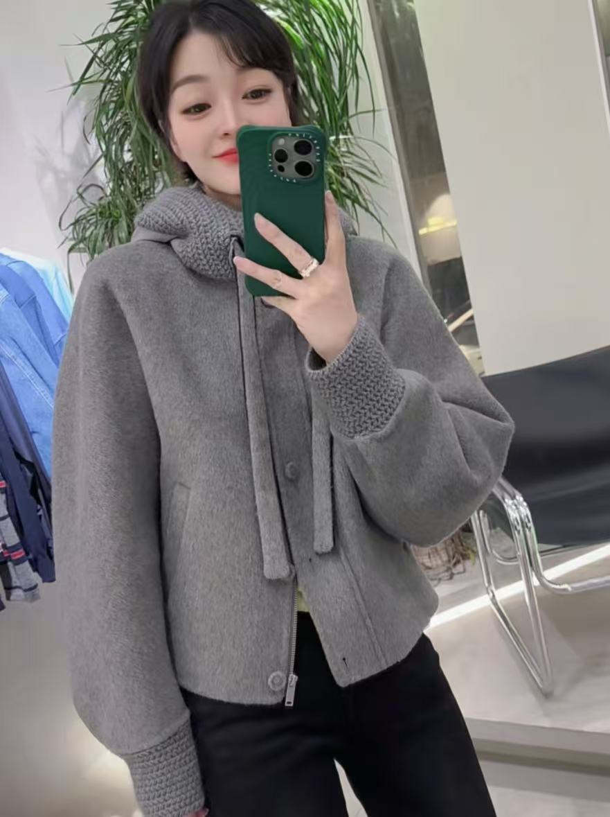 春苗女装   飘带款连帽外套  时尚休闲加绒拼接保暖加厚连帽
