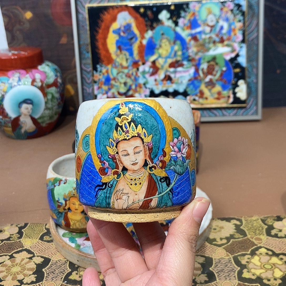 手工手绘普贤菩萨茶杯
