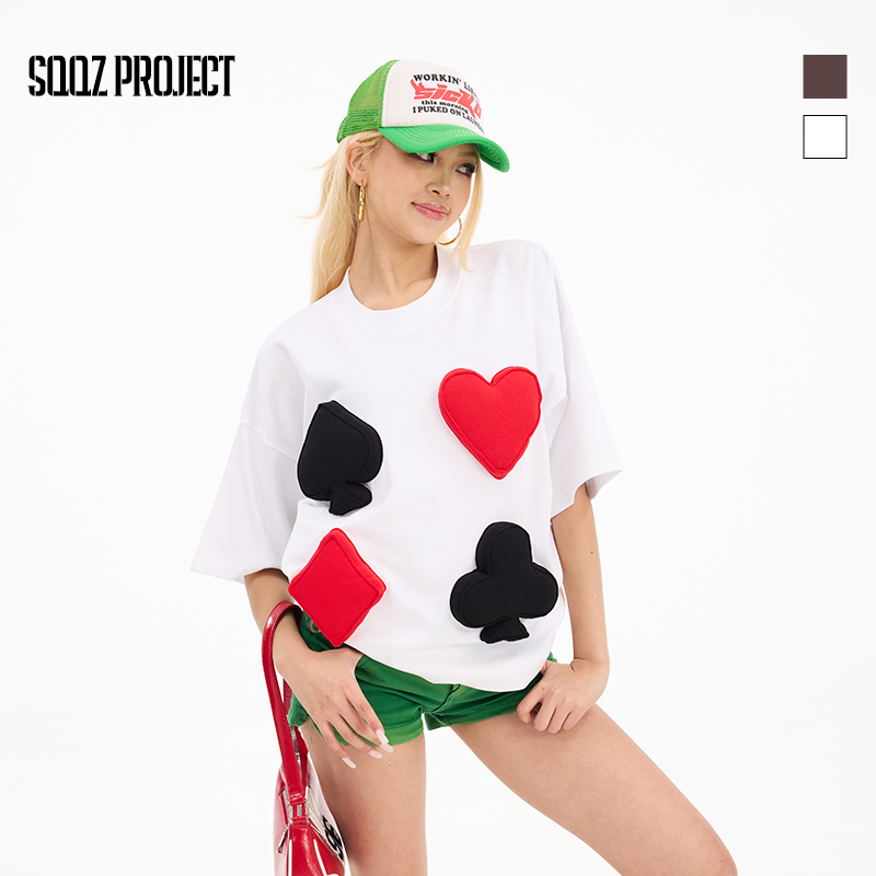 SQQZ PROJECT新款300G立体黑红梅方塞棉图案宽松短袖T恤情侣款