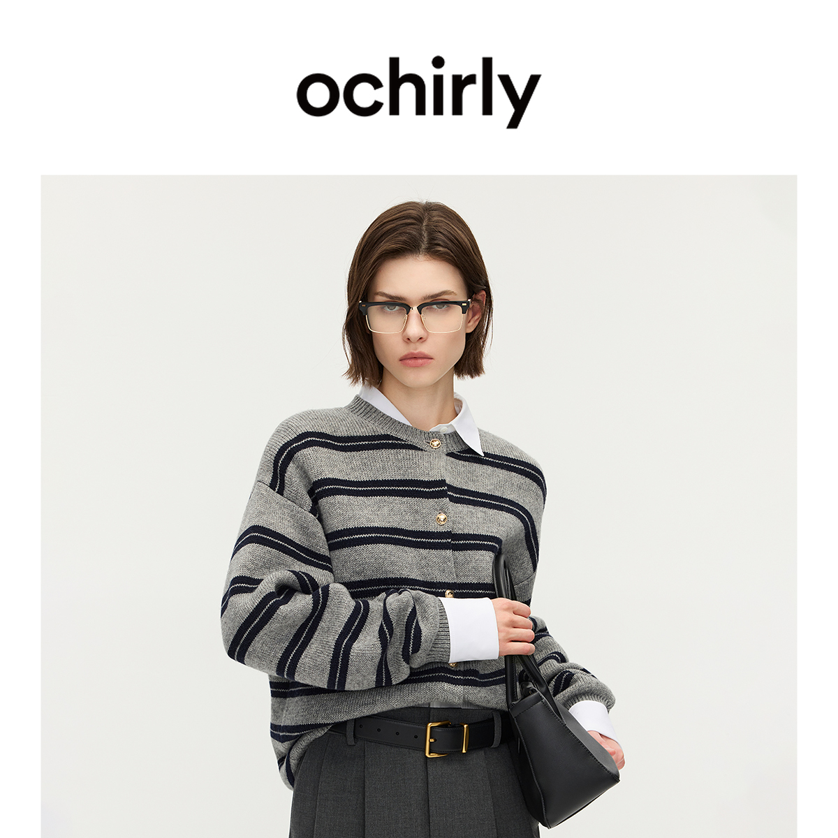 OCHIRLY欧时力 毛衣条纹外套女休闲上衣圆领开衫2025秋季新品