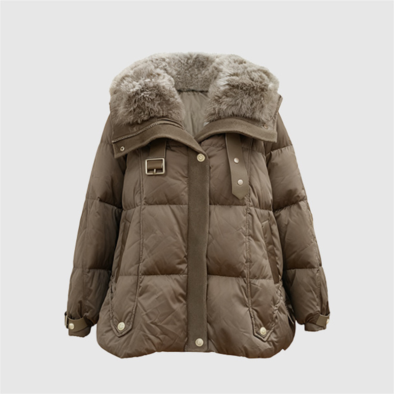 金属扣带活领子白鹅绒羽绒服上衣