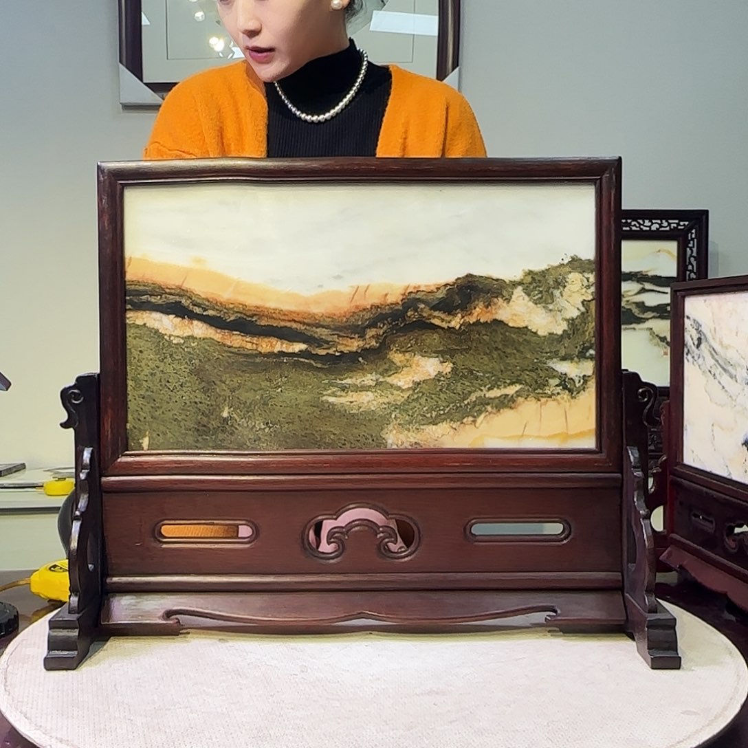 随***风石材49×39天然大理石画屏风摆件