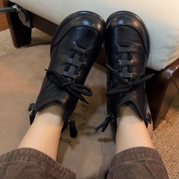 纯色秋冬透气缝制中跟春季马丁靴平底圆头粗跟