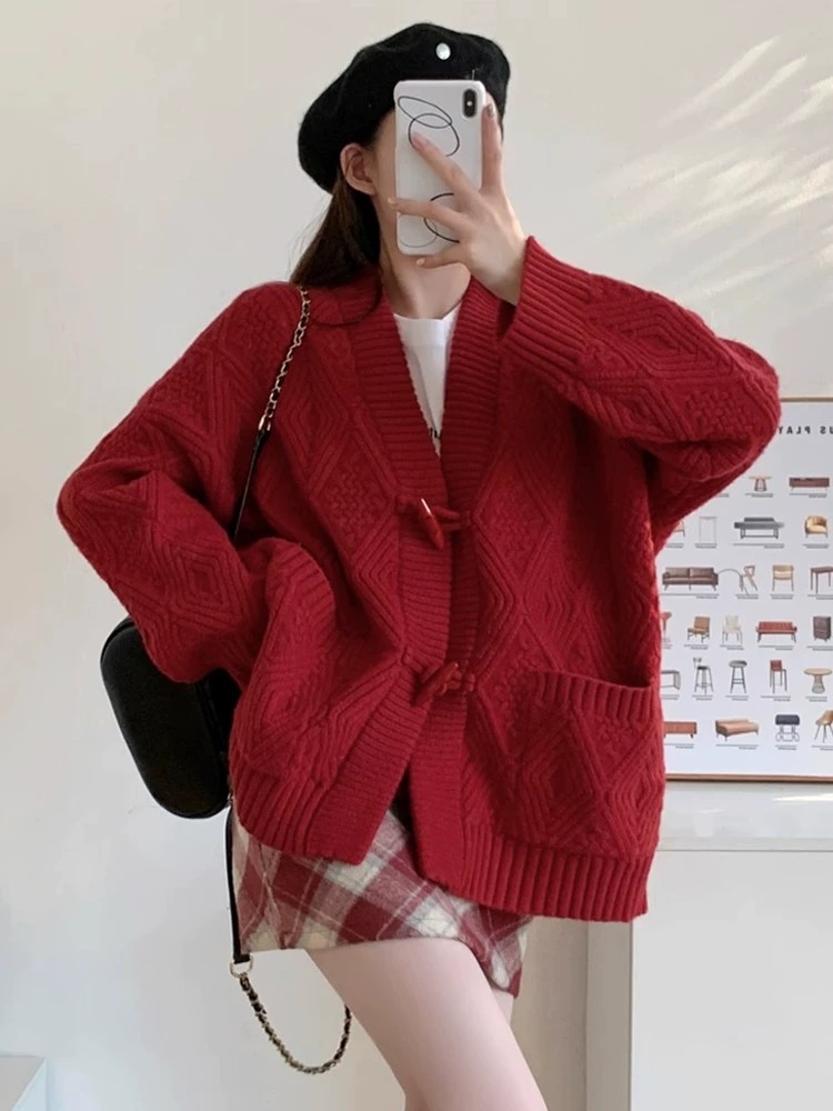 A401-A450 秋冬新款女外套加厚慵懒风宽松软糯针织开衫