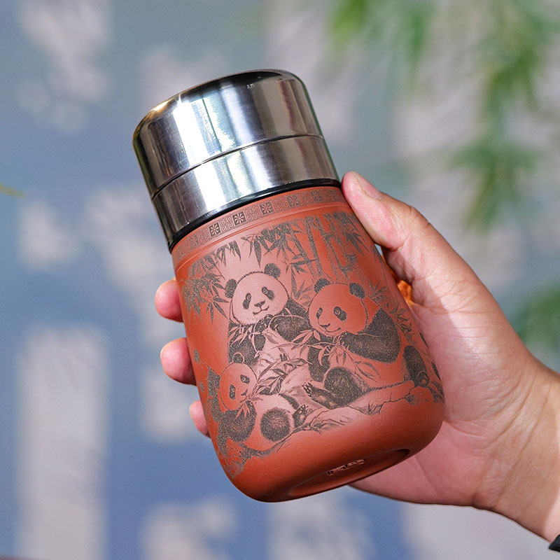 宜兴紫砂杯八宝聚福紫泥带滤网茶杯随行杯车载杯