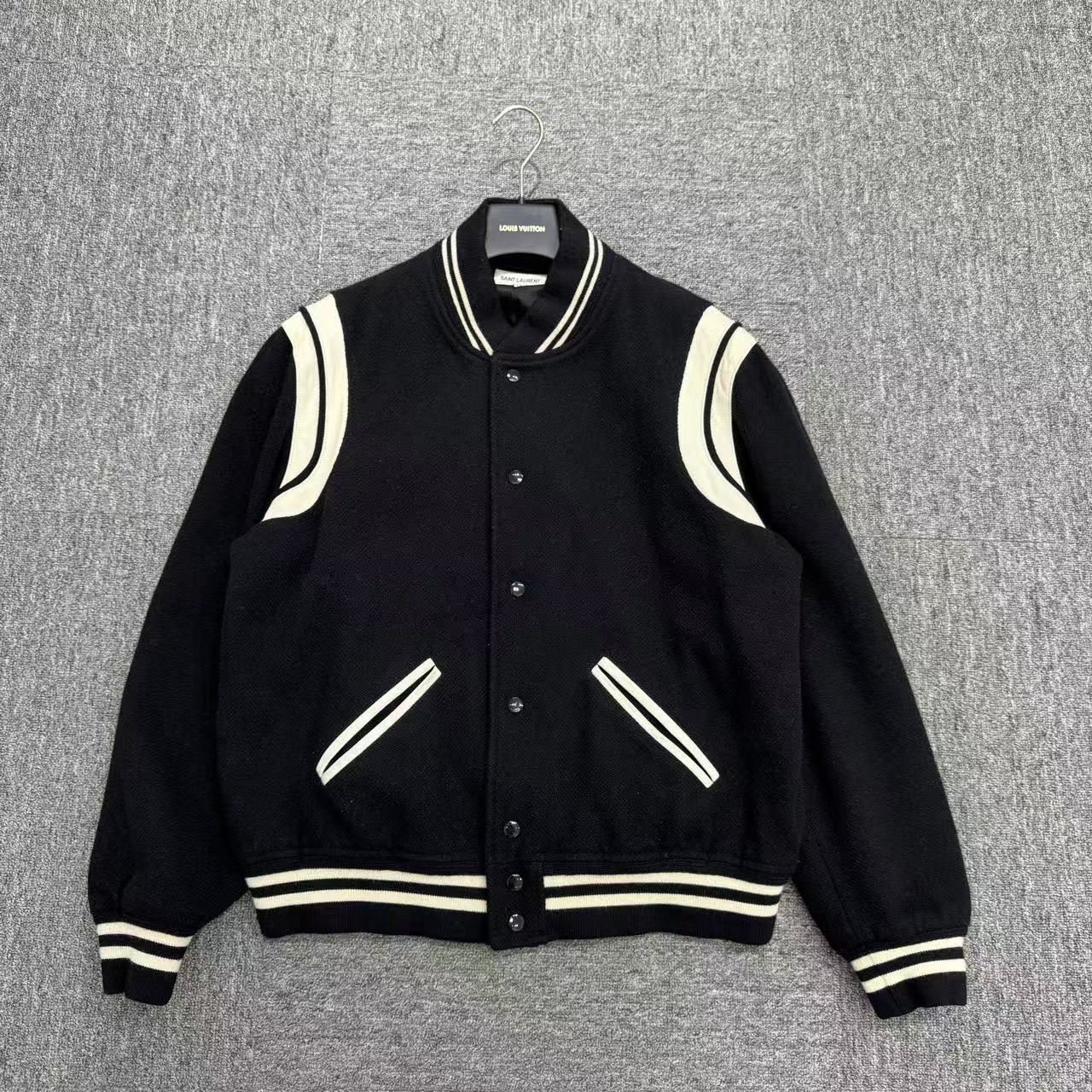 99新 YSL/圣罗兰 黑白拼皮棒球服夹克/56码/编码14978