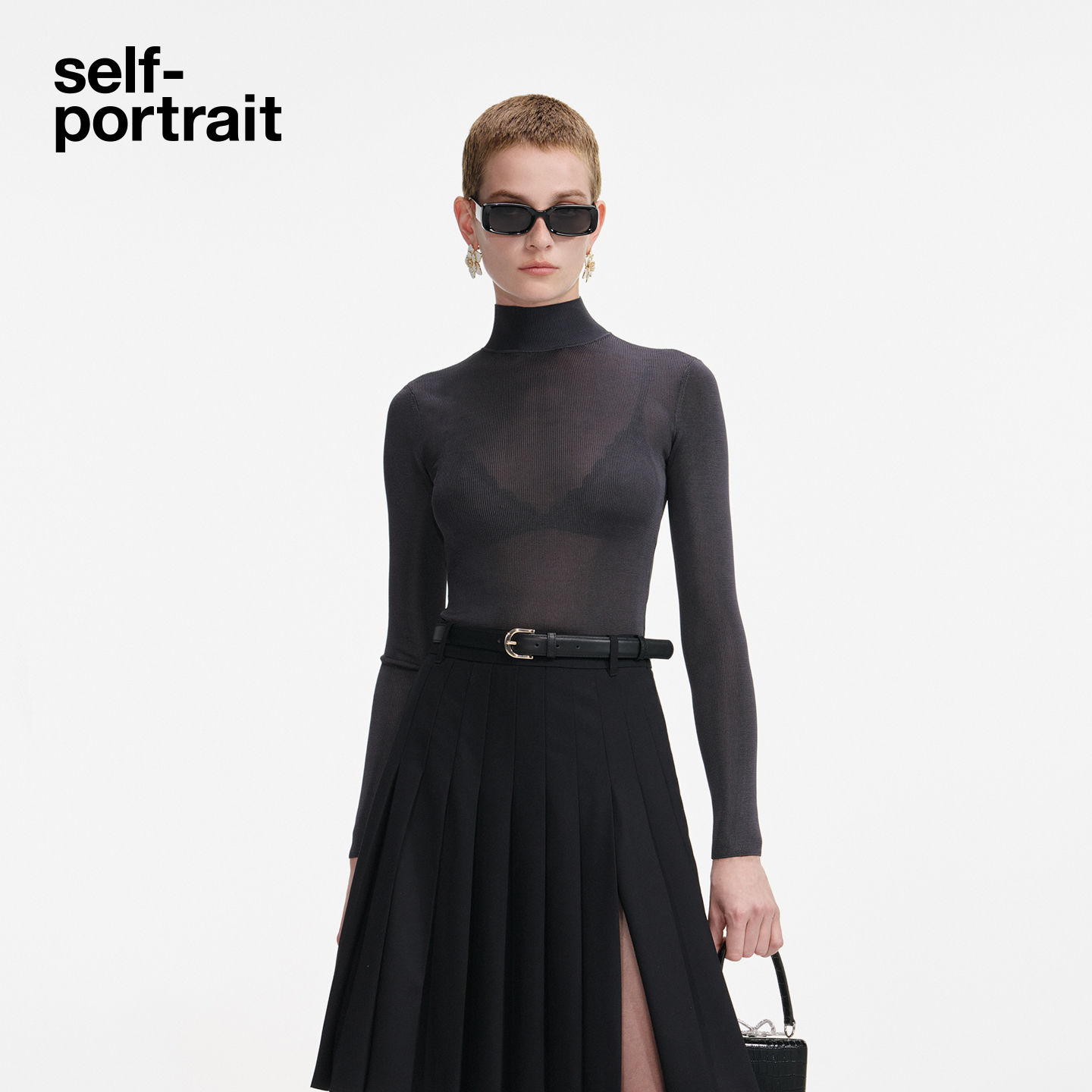 self-portrait 2025秋冬新款暗夜灰长袖高领针织打底衫上衣