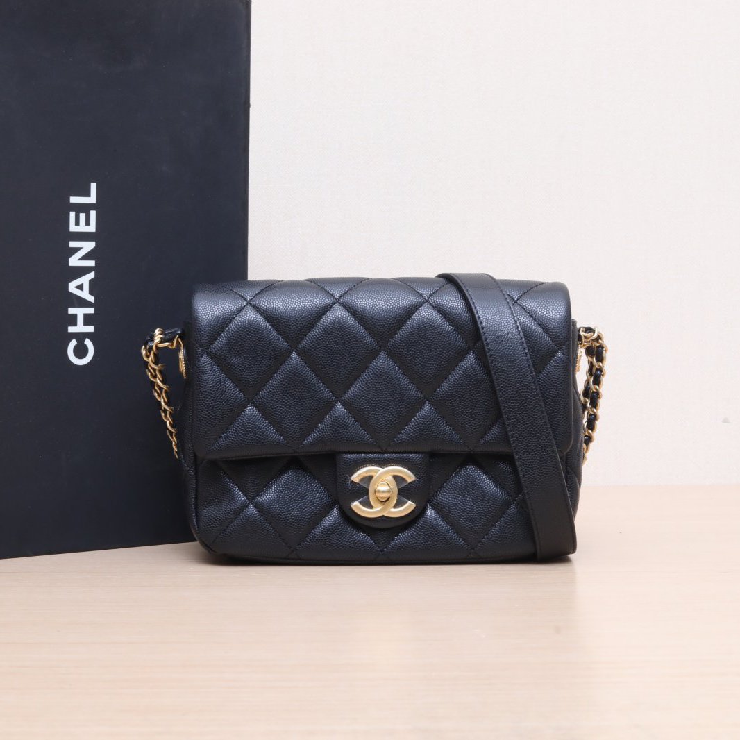 99新 Chanel/香奈儿 小花柳 22A CF 口盖包 21cm 黑色 芯片开