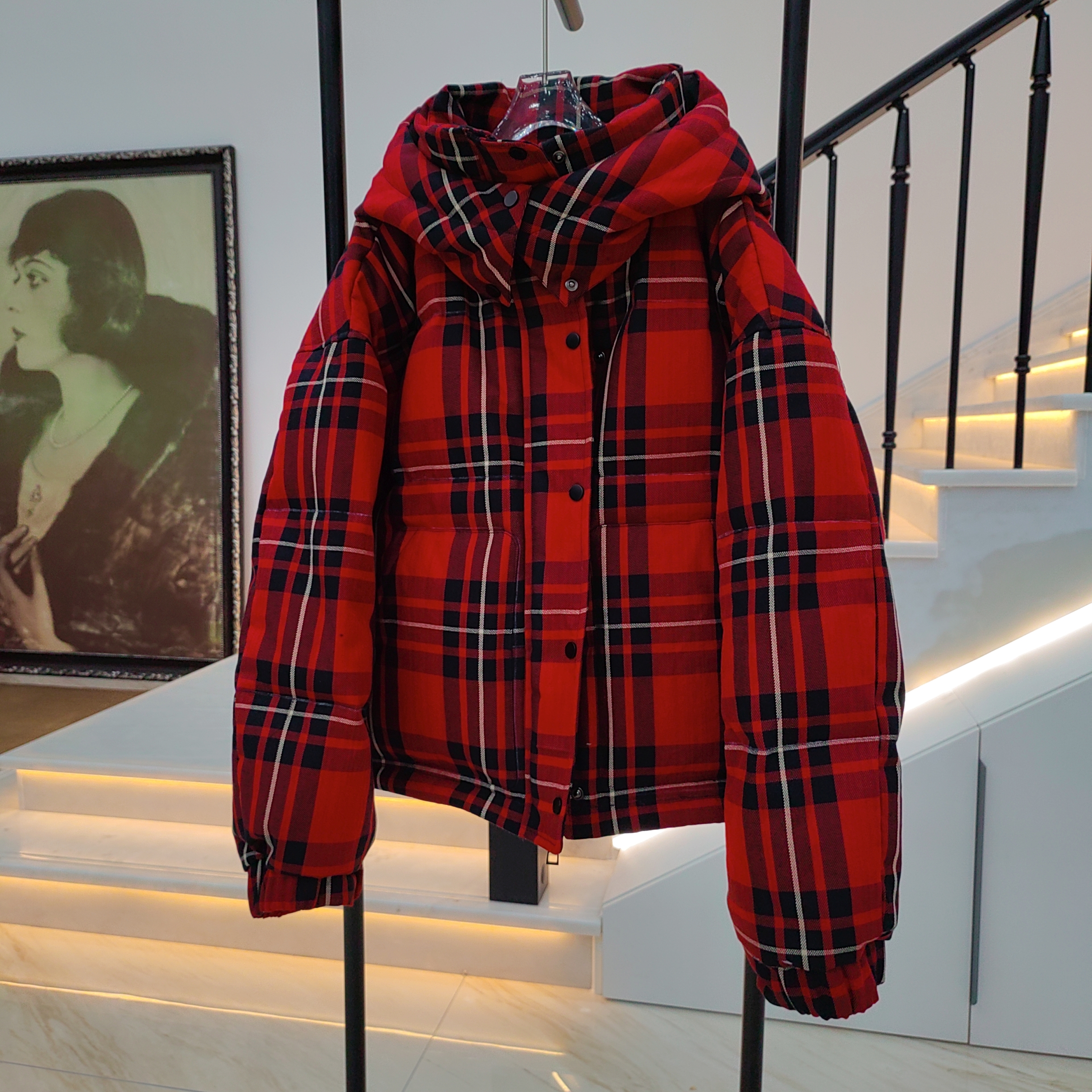 【1658】2025冬季新款休闲保暖连帽格子宽松加厚外套