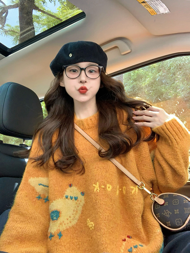 卡通减龄套头学院毛衣女2025新款秋冬百搭慵懒风复古宽松针织衫