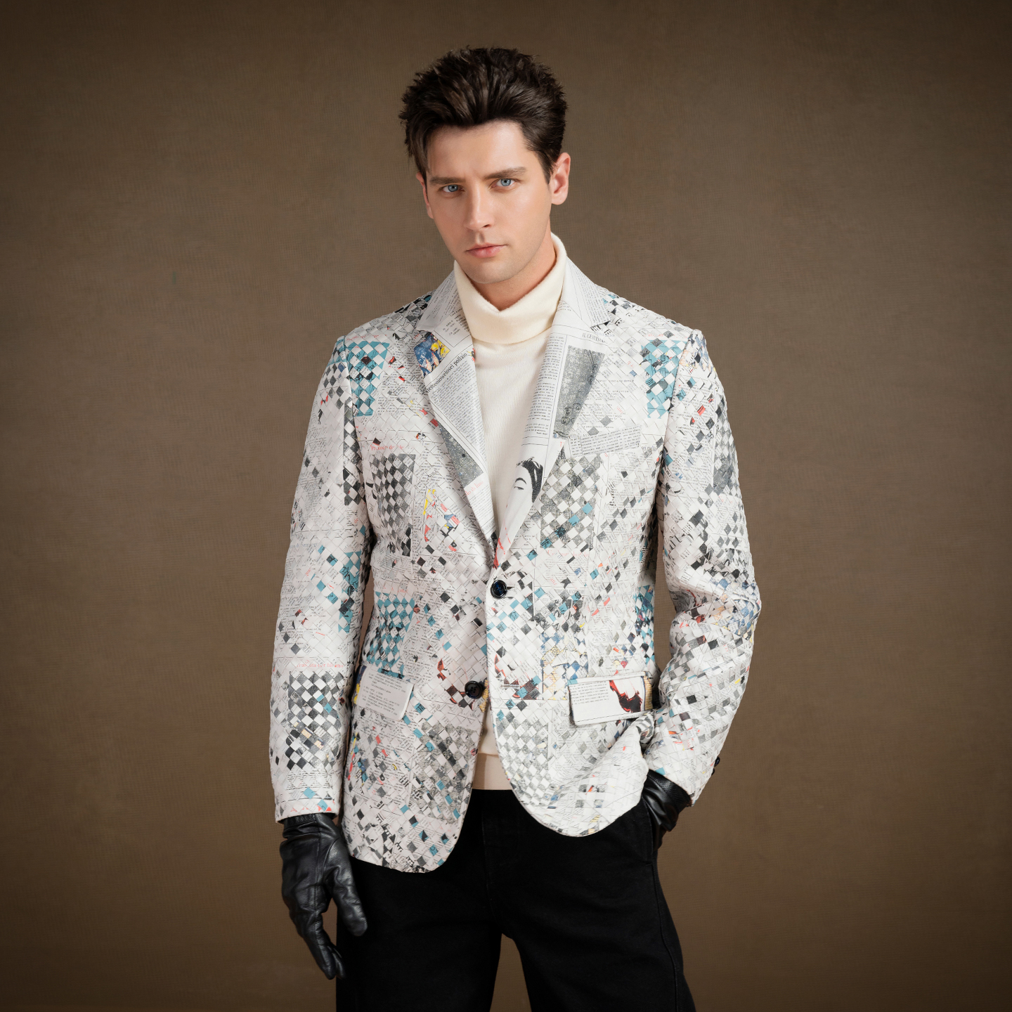 言吉秋季男装真皮编织拼接平驳领西装外套高端绵羊皮西服YJR2511