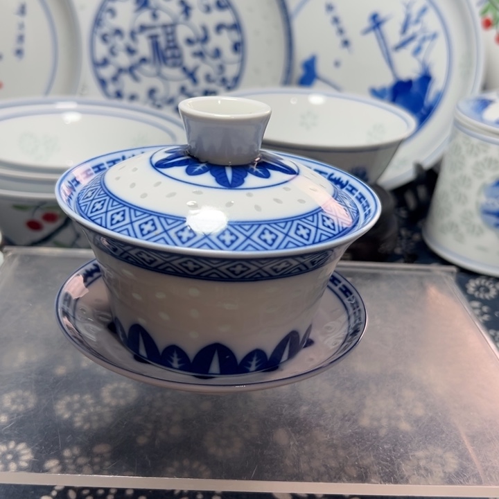 青花玲珑三才盖碗