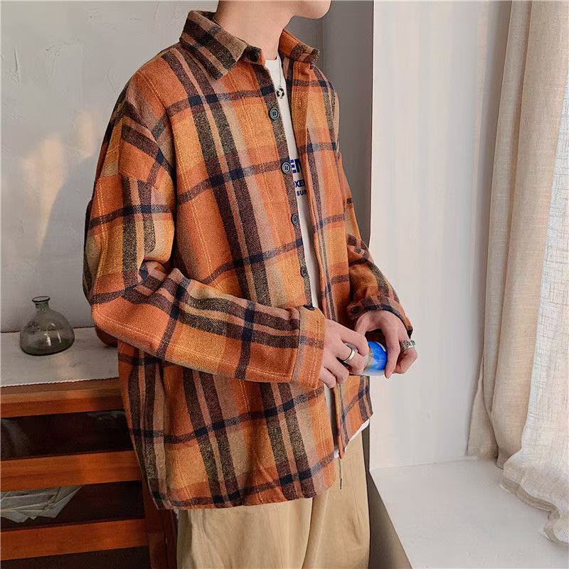 格子秋冬男生秋季绿色格子衬衫宽松复古外套长袖男418