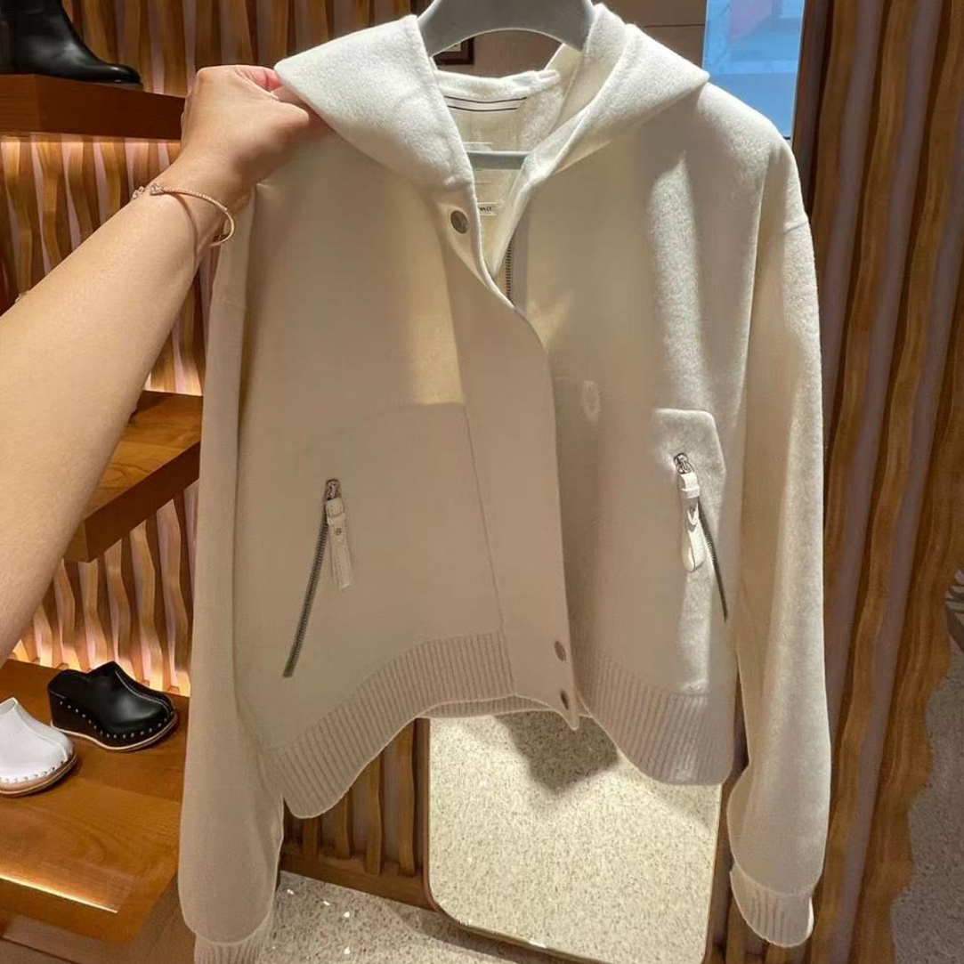 未使用 Hermes/爱马仕 vem44 纯色拉链按扣连帽夹克外套34码 羊绒