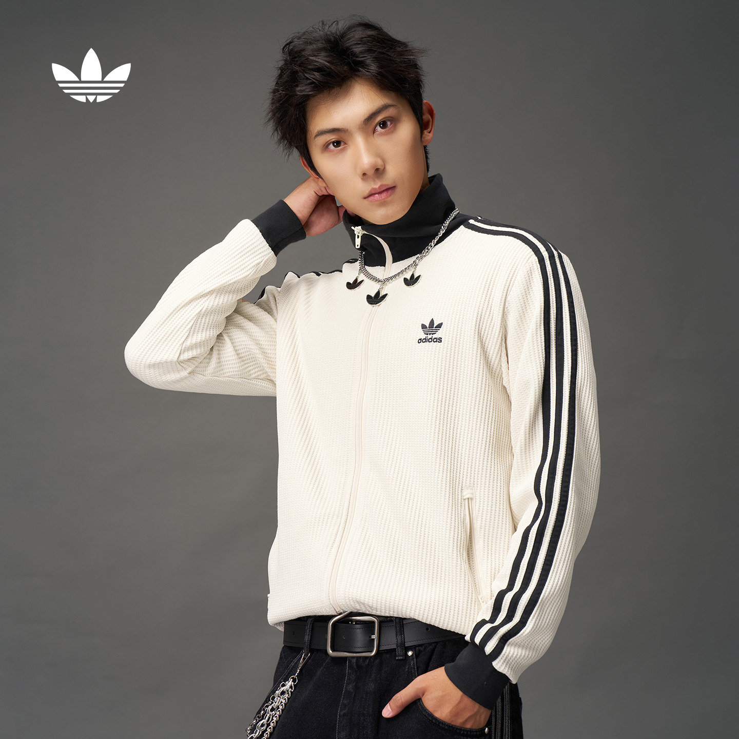 双旦礼遇阿迪达斯三叶草 三条纹华夫格修身夹克薄外套男女 JW0109