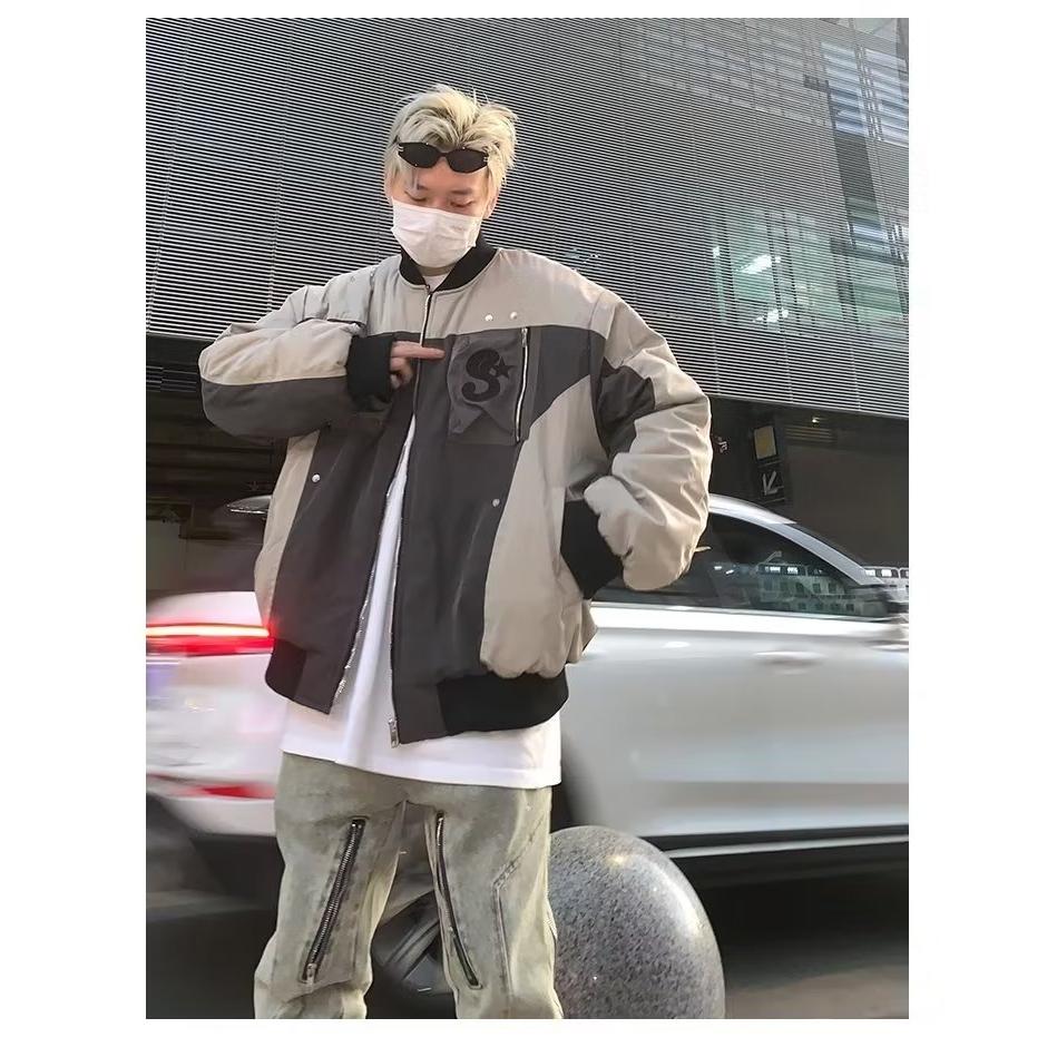 8825春秋季刺绣复古重工拼色机能风宽松飞行服情侣夹克外套