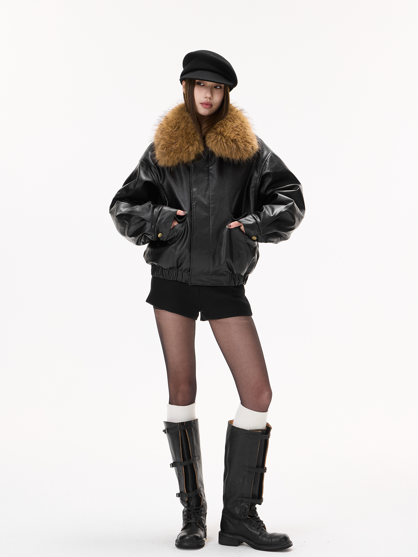 IceFront11/24 黑色毛领夹棉皮衣外套女