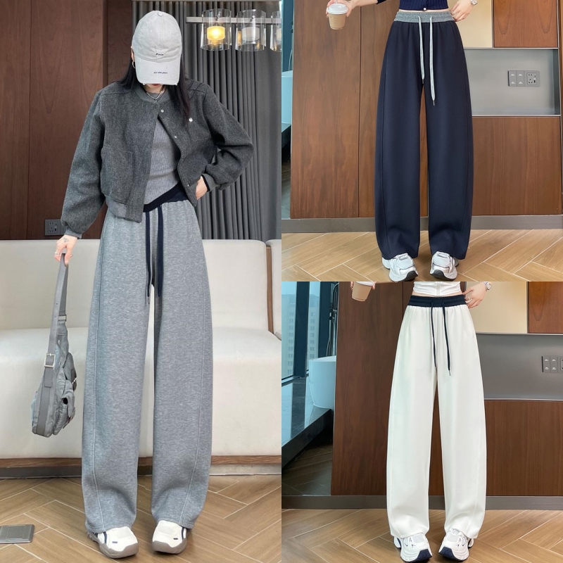 大码胖mm秋冬加绒弯刀运动裤女抽绳高腰拼接宽松阔腿休闲卫裤8845