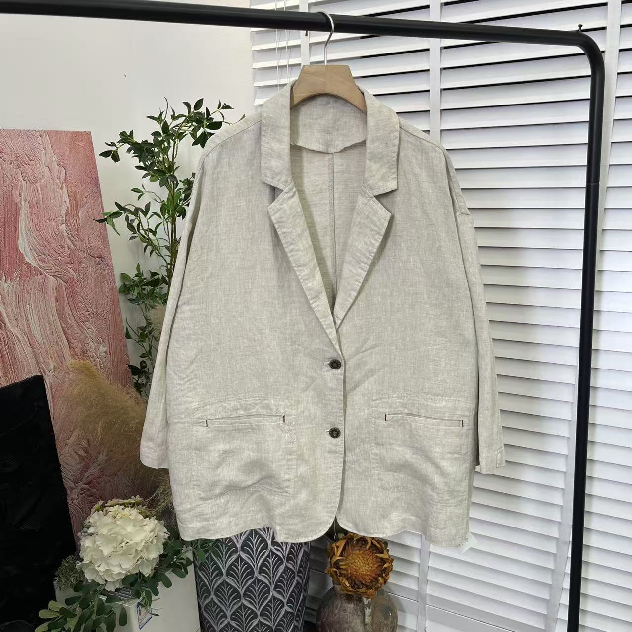 日系春款新品「水洗麻料单排扣」休闲百搭长袖西装女E3296