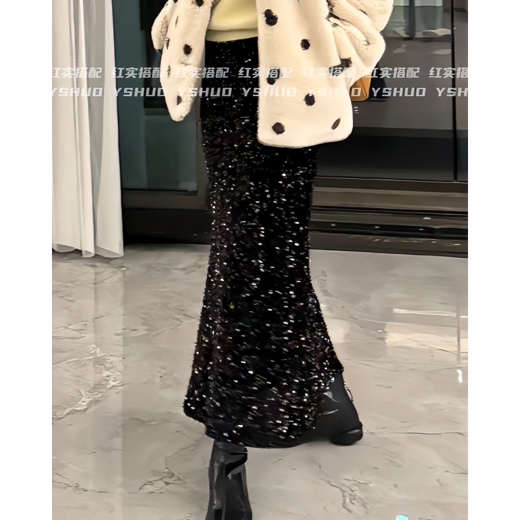 YSHUO【亮片鱼尾裙】气质法式闪闪中长款有里衬亮片鱼尾裙8161