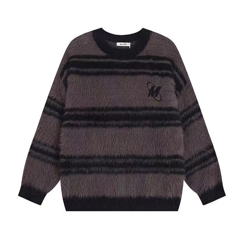 美式高街复古撞色条纹毛毛男女款秋冬情侣圆领慵懒风针织衫