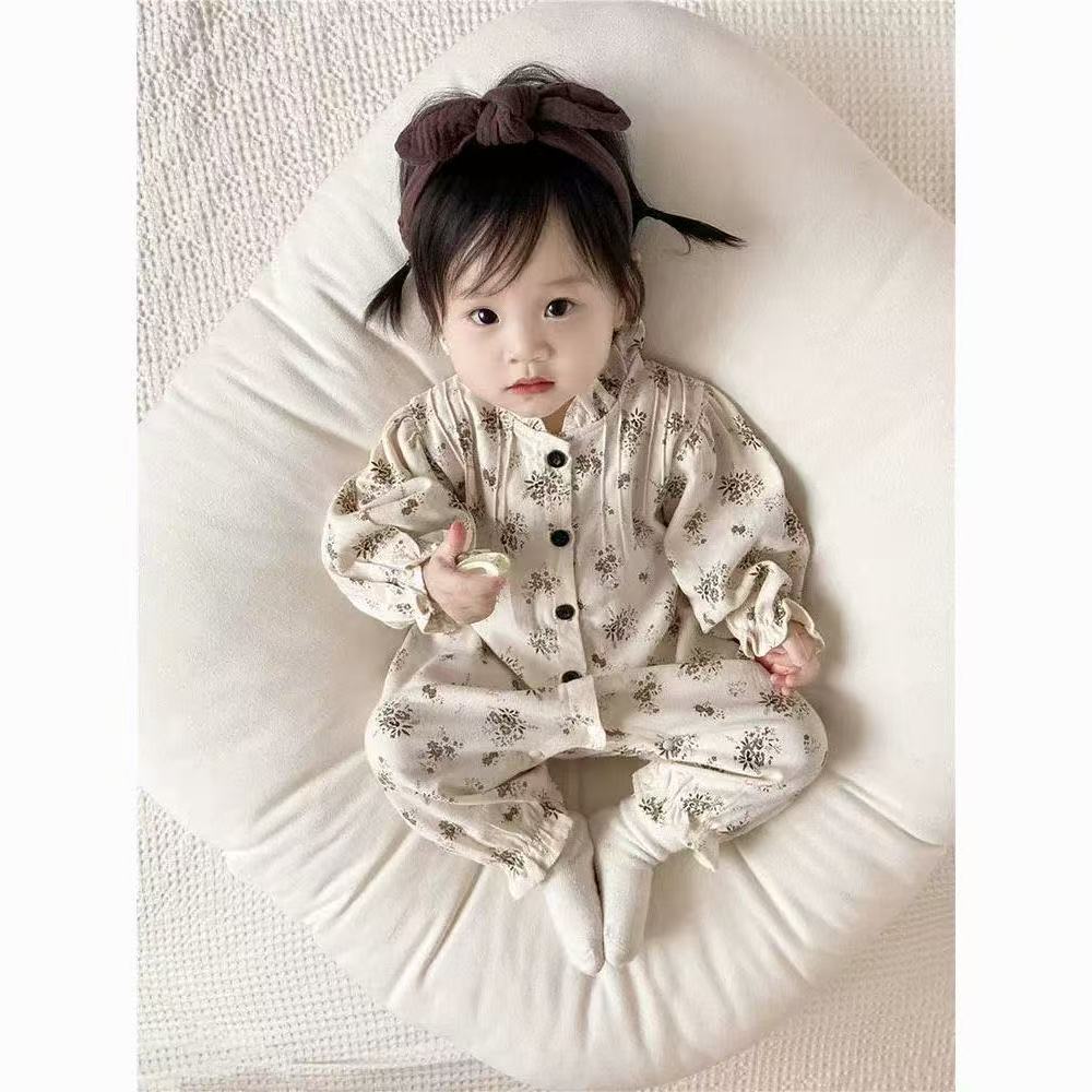 春季女童婴儿娃娃领印花公主连衣小清新女宝宝拍照连爬服