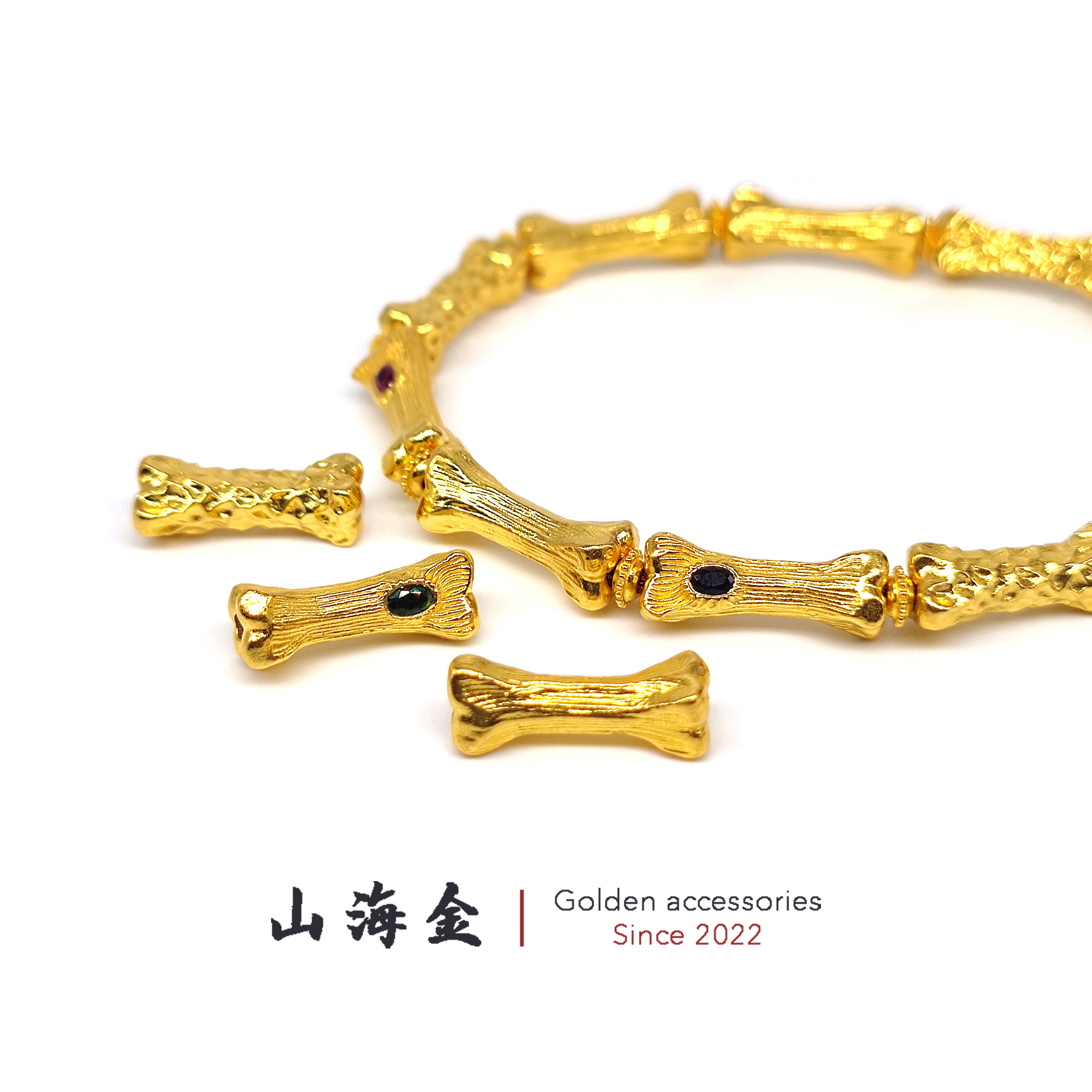 山海金 24K纯黄金999足金骨头棒手串朋克小众简约礼物DIY配饰
