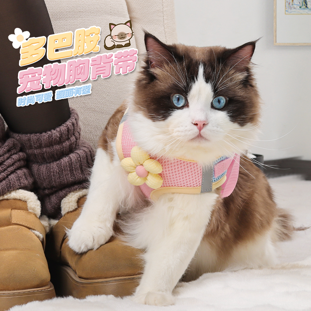 猫咪可爱牵引绳多巴胺背心式猫胸背带反光防挣脱小型犬遛猫牵引绳
