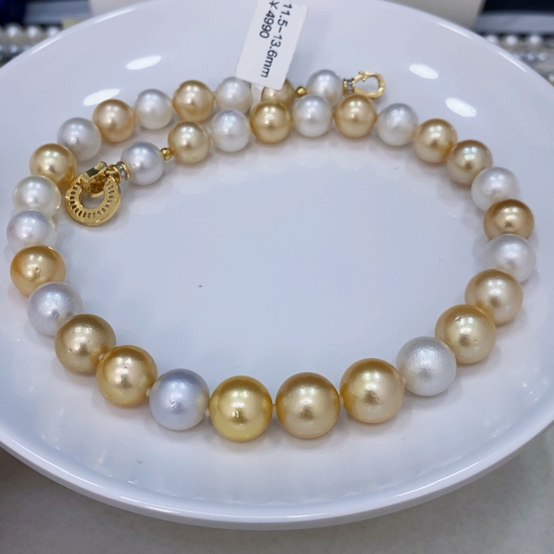 海水珍珠颈饰未镶嵌梨***客金白混彩项链11.5-13.6华