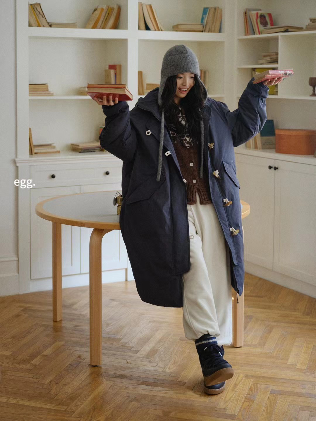 Egg牛角扣连帽棉服2024冬季新款鸡蛋家长款风衣加厚保暖穿搭
