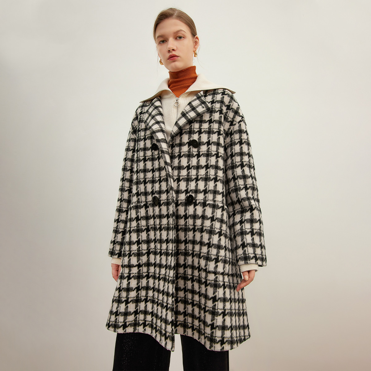 【小余专属】时尚格子大衣女冬季气质中长款复古毛呢外套Y430308